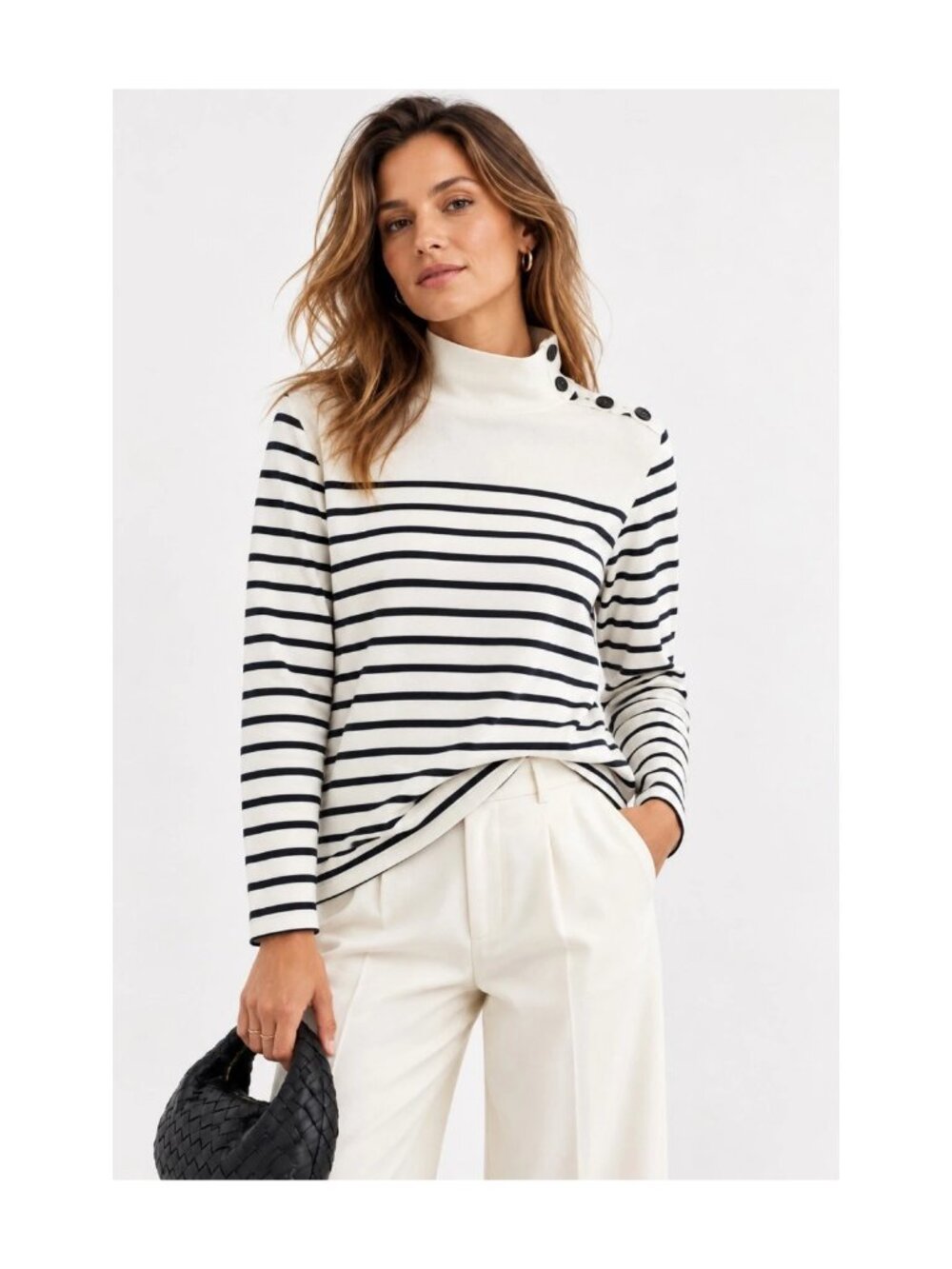 J.Crew Mariniere Sailor Top L Striped Mockneck Anchor Button Shoulder NWT Cotton